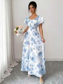 Elenzya Vestido de línea A con volantes en las mangas, fruncido en el frente y estampado floral de rosas, elegante y casual, ideal para vacaciones, viajes, citas, moda francesa y estilo retro, versátil para primavera y verano, de manga corta y largo maxi, en rojo, blanco y multicolor - Multicolor 2 - Ver 4