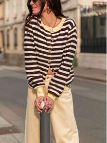Women's Brown & White Striped Colorblock Knit Cardigan, French Vintage Style Loose Fit Jacket For Spring & Autumn, Suitable For Daily Commute & Casual Wear - Black and White - View 3