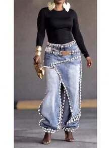 Women Fashion High Waist Jeans Heavy Industry Spliced Handmade Rhinestone Inlaid Design Straight Wide Leg Denim Pants - 1 - 查看 2