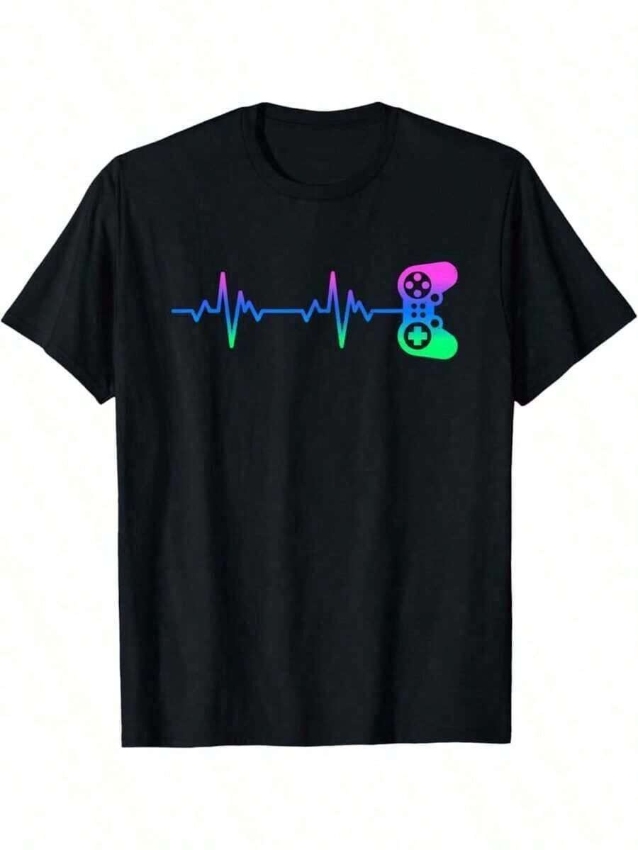 Camiseta Retro de Juego para Hombres - Camiseta de Juego de 180g de Peso Pesado% con Línea de Latido y Gráfico de Controlador de Videojuego, Diseño Nostálgico de Píxeles de 8 Bits, Camiseta Casual de Cuello Redondo de Manga Corta, Adecuada para Ropa Casual y Actividades de Juego, Comodidad para Todas las Estaciones para Jugadores Adultos, Camiseta Gráfica para Hombres, Camiseta de Hombre, Camiseta Divertida, Ropa de Hombre, Camisa de Hombre - Negro - Ver 1