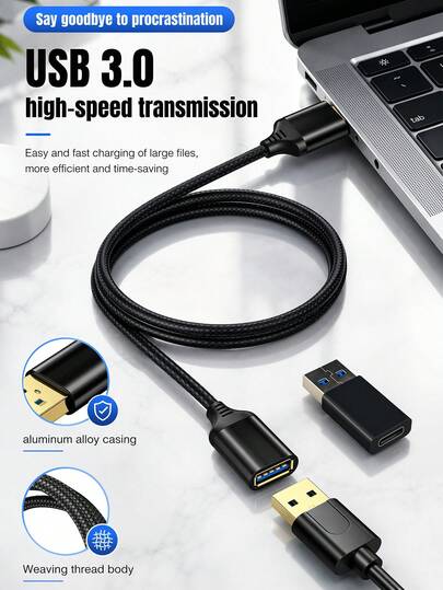 USB 3.0 Extension Cable Male To Female, 5Gbps High-Speed Data Transfer Braided Cord With 24K Gold-Plated Connectors, Aluminum Alloy Shell, Compatible With Laptop, PC, P S 4, Xb O X, Flash Drive, Keyboard, Mouse, Printer, External Hard Drive