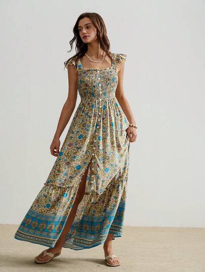 Rusttydustty Women's Blue Bohemian Vintage Waist Cinched Dress, Suitable For Spring/Summer Holiday And Daily Wear, Festival Dress, June Festival Dress, Elegant Dress For Women, Country Style Clothing For Women, Commuter Outfit For Women