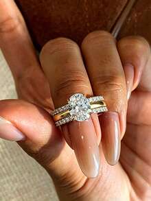 CVNANA 3件組金色調銅製橢圓形CZ可疊戴戒指套組，女款戒指珠寶，婚戒，適合婚禮、訂婚與情人節送禮 - A - 查看 8