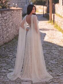 Faeriesty Vestido de noche de lentejuelas de lujo con destellos de sirena y chal transparente, diseño de bordado de escamas de pez exquisito, atuendo formal elegante y noble, adecuado para eventos de alfombra roja, bodas, galas y fiestas de alta gama, vestido de fiesta de cumpleaños de mujer, fiesta de verano - Champán - Ver 4