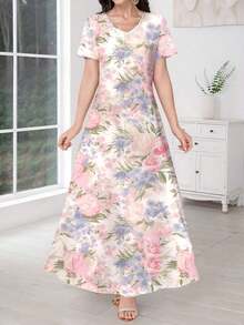 Al Najma Vestido de punto con estampado floral de cuello en V y manga corta para mujer, adecuado para usar como prenda exterior o para capas, ideal para citas, vacaciones, uso diario, casual, fiestas, vacaciones, primavera/verano - Blanco - Ver 5