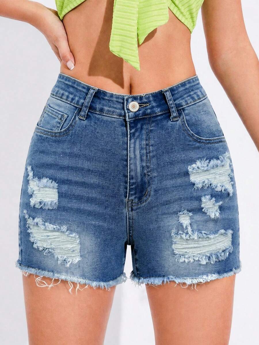 女款夏季深色水洗破洞高腰流蘇牛仔短褲