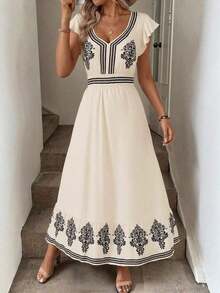 xheEasowa Vestido Maxilargo con corte A, mangas acampanadas fruncidas, cintura ceñida y volante en el dobladillo con estampado de leopardo vintage. Vestido informal, elegante para vacaciones y salidas para mujeres, vestido de estampado de leopardo, vestidos de sol para mujeresxhe - Multicolor - Ver 9