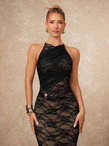 xheLumalex Vestido ajustado con cuello redondo, fruncido y decoración metálica cruzada para mujeresxhe - Negro - Ver 4