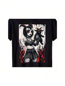 Dark Gothic Demon Girl T-Shirt With Baphomet Mascot - Black - View 11
