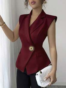AYYElenzga Chaleco/Chaqueta sin mangas de mujer con hebilla metálica elegante y minimalistaAYY - Rosa vieja - Ver 8