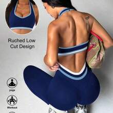 guang zhou mi qian shang mao Slayform Conjunto de top de cuello halter de bloques de color y leggings ajustados para mujer, atuendo casual para actividades al aire libre - Azul - Ver 1