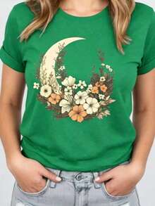 Y2K Style, Fashionable Style, 2026 Newest, Cute Style, Casual Style. Women's Short-Sleeved T-Shirt With Moon And Flower Print For Summer, Casual Graphic Shirts For Women, 180g (S-XXXL) - 綠色 - 查看 4