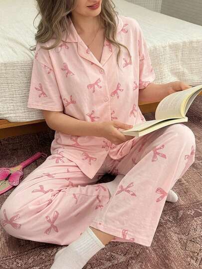 DAZY 2pcs Women Pajama Set, Spring/Summer Cardigan Short Sleeve & Long Pants Sleepwear, Skin-Friendly Loungewear