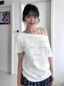 Camiseta casual minimalista con hombros descubiertos, romántica, de playa y estilo Y2K elegante para mujer, primavera/verano - Blanco - Ver 2