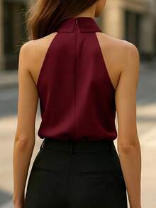 Camisole sans manches et dos nu de couleur unie avec design torsadé, à la mode, convient pour le bureau ou les vacances d'été pour femmes - Rouge foncé - Voir 2