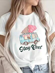 Camiseta de Mujer con Estampado de Camión de Helados Negro - Camiseta de verano suave y transpirable, con diseños icónicos de canciones y barras de chocolate nostálgicas, cuello redondo informal, adecuada para la playa, uso casual, fiestas y picnics (lavable a máquina). - Blanco - Ver 7