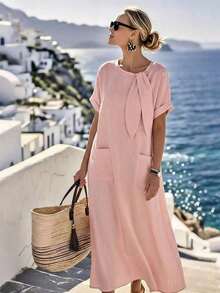 Holidaya Vestido de mujer de manga corta de longitud media con cuello de corbata, bolsillo suelto y textura de tela de color albaricoque para uso diario, viajes y vacaciones. Vestido largo de mujer estilo resort, vestido casual de verano Zanzea para mujer. Vestidos casuales largos para mujer en color azul claro, azul bebé y turquesa. - Rosa - Ver 5