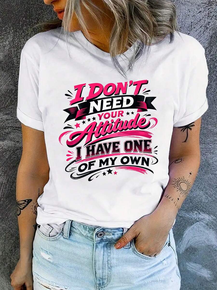 Wo'S Funny Saying T-Shirt | Bold Pink Text: "I Don't Need Your Attitude, I've Got My Own" - Black Star T-Shirt | Soft Everyday T-Shirt For Women | Machine Washable Casual Top | Cool Birthday Gifts For The Workplace. Cool Summer Clothes For Women. - 白色 - 查看 1