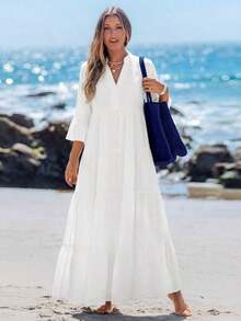 Long-Sleeved V-Neck Pleated Maxi Dress With Blue And White Floral Print, Suitable For Spring And Summer, Sundresses For Women, Shirt Dresses For Women In Autumn, Elegant Holiday Dress - 黑色 - 查看 5