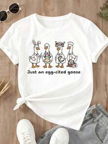 T-Shirt With Cute Duck Design And Easter-Themed Characters, With The Text "Goose Excited About Egg", Ideal For Spring And Holidays - Urban Vintage Style, Unisex, Cotton, Short Sleeve, Round Neck, 100% Cotton. - 白色 - 查看 3