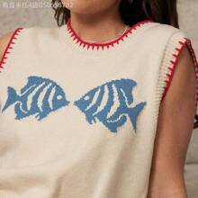 Fengyu Women's Clothing Store  Chaleco de punto con cuello redondo, tejido con puntadas múltiples y diseño de pez intarsia, ideal para primavera, resort, verano, uso casual, lindo, playa, vacaciones, Nashville, estilo vaquera, ropa occidental para mujer - Albaricoque - Ver 7