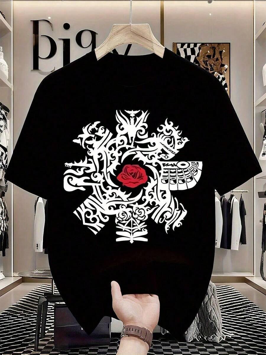 Camiseta RHCP con el logotipo de Red Sea y el logotipo de la banda Red Sea con rosa blanca - Nueva mercancía de diseño 2023, camiseta unisex de cuello redondo informal con estampado de música icónica, ropa cómoda para todo el año, ideal para conciertos y atuendos casuales. - Negro - Ver 1