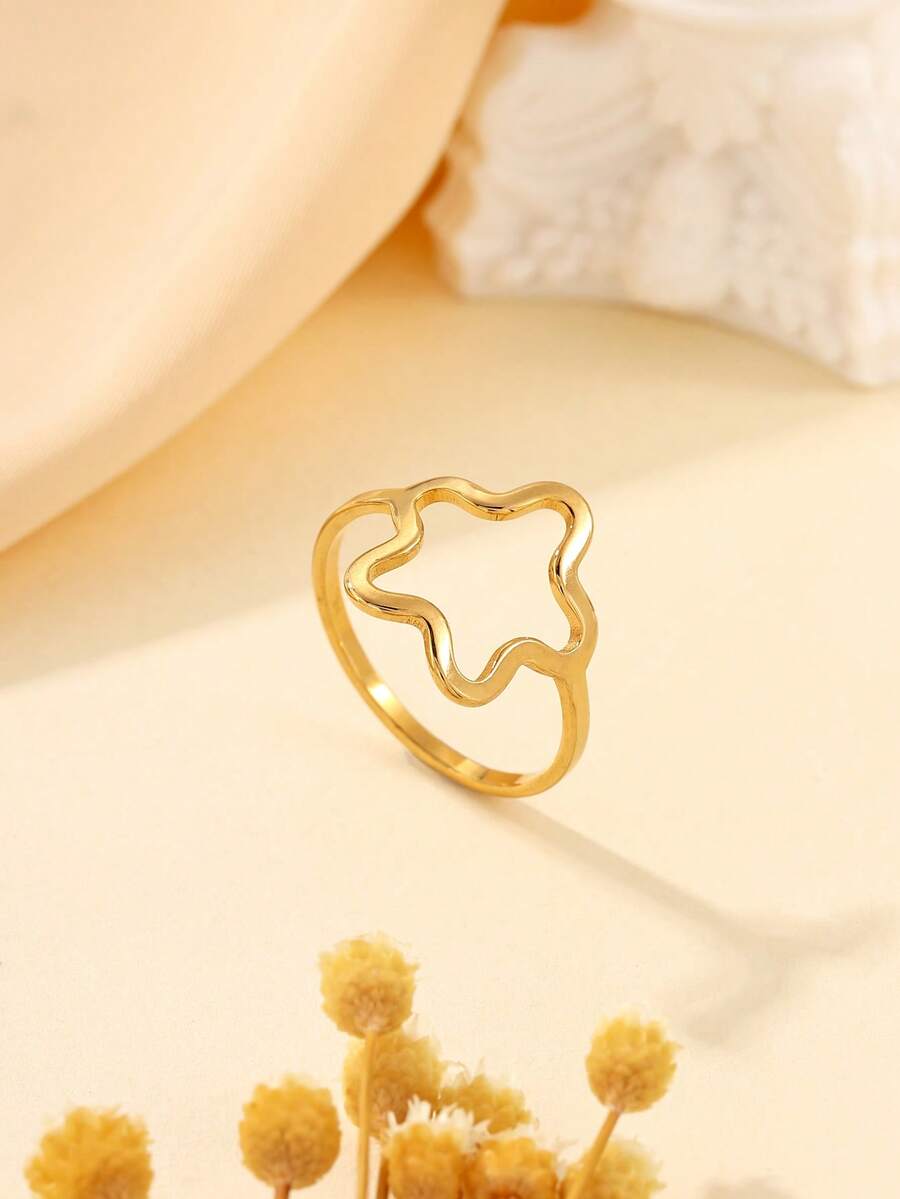 1pc Stainless Steel Minimalist Golden Flower Shaped Ring, Suitable For Women's Daily Wear Or Gift - Yellow Gold - View 1