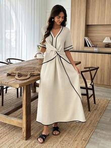 Vestido de manga corta color albaricoque con ribete en contraste negro, para usar en primavera/verano de vacaciones - Albaricoque - Ver 8
