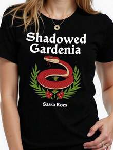 Fashionable And Original T-Shirt With A Snake And Floral Garden Print Design, Casual Style For Women, Ideal For Everyday Wear, Available In Black, From The Fashion Category And Made Of High-Quality Cotton T-Shirts. Simple Solid Color Women's T-Shirt, Loose And Fitted Cut, Casual Short Sleeves - 黑色 - 查看 1