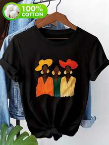 T-shirt de couleur unie pour femmes, Top décontracté à manches courtes avec graphique d'art de portrait, vêtement confortable pour les vacances d'été - Vêtements de vacances - Coton noir - Noir - Voir 1