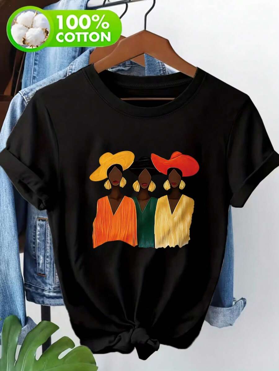 T-shirt de couleur unie pour femmes, Top décontracté à manches courtes avec graphique d'art de portrait, vêtement confortable pour les vacances d'été - Vêtements de vacances - Coton noir - Noir - Voir 1