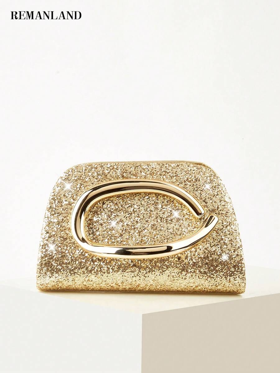 REMANLAND Women's Evening Clutch Bag, Gold Shiny Fashion Sequin And Round Metal Ring Decoration. Can Be Used As A Portable Makeup Bag, Crossbody Bag, Wallet And Envelope Clutch, With Detachable Metal Chain. Suitable For Attending Balls, Wedding Season, Parties, Holiday Gatherings, Carnivals, Christmas And Halloween, It Is A Great Gift Choice. - Gold - View 1