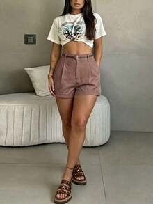Pantalones cortos de punto suave plisados de cintura alta y pierna ancha sin cinturón, adecuados para uso en la oficina en verano - Rosa - Ver 4