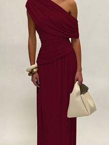 Vestido largo plisado de unicolor con cuello oblicuo para mujer, ajustado y estilizador, elegante y sexy vestido de fiesta de verano - Negro - Ver 10