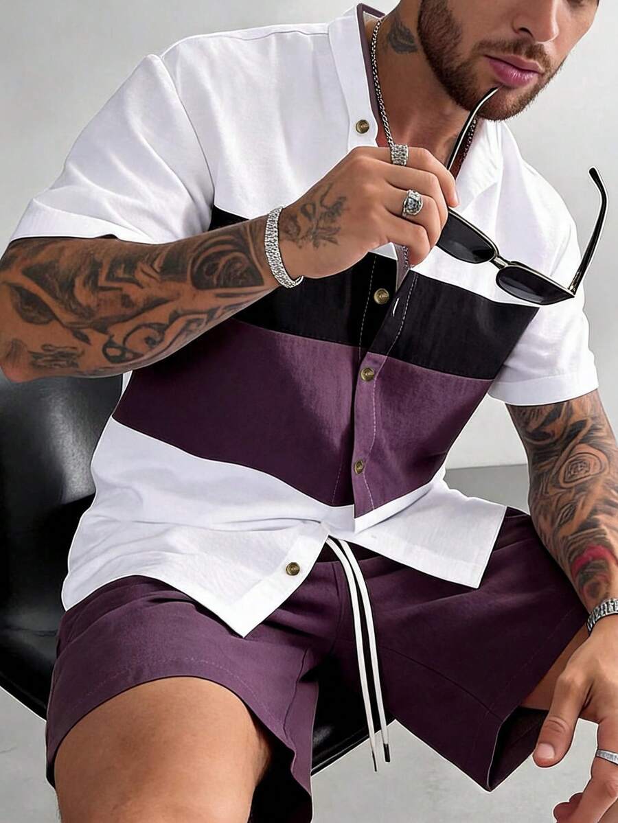 Men's Loose Casual Fashion 2-Piece Set, Short Sleeve Open Front Shirt With Drawstring Shorts, Colorblock Patchwork Style