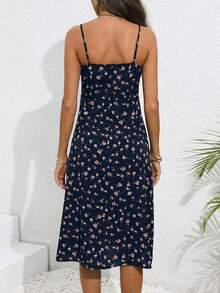 Vestido largo con estampado floral, tirantes finos y bajo con aberturas, atuendo de vacaciones y playa para mujeres - Azul marino - Ver 6