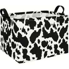 1pc Black & White Cow Print Storage Basket, Foldable Rectangular And Round Fabric Storage Box With Handle, Suitable For Home And Farmhouse Decor - Black and White - View 9