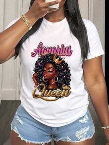 Short-Sleeve Graphic T-Shirt With The Aquarius Zodiac Sign, Women's Camouflage Cap And Gold Hoop Earrings, For Astrology Lovers And Zodiac Sign Enthusiasts, Casual Summer Wear. 100% Cotton. - 白色 4 - 查看 1