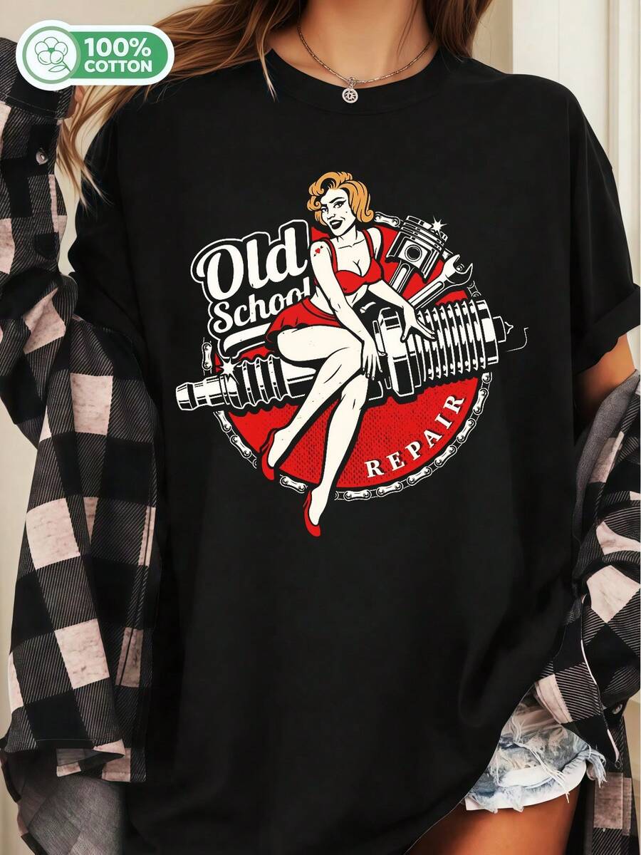 Old School Repair Pin-Up Mechanic Girl Retro Cotton T-Shirt Vintage Biker Style Tee - Black - View 1