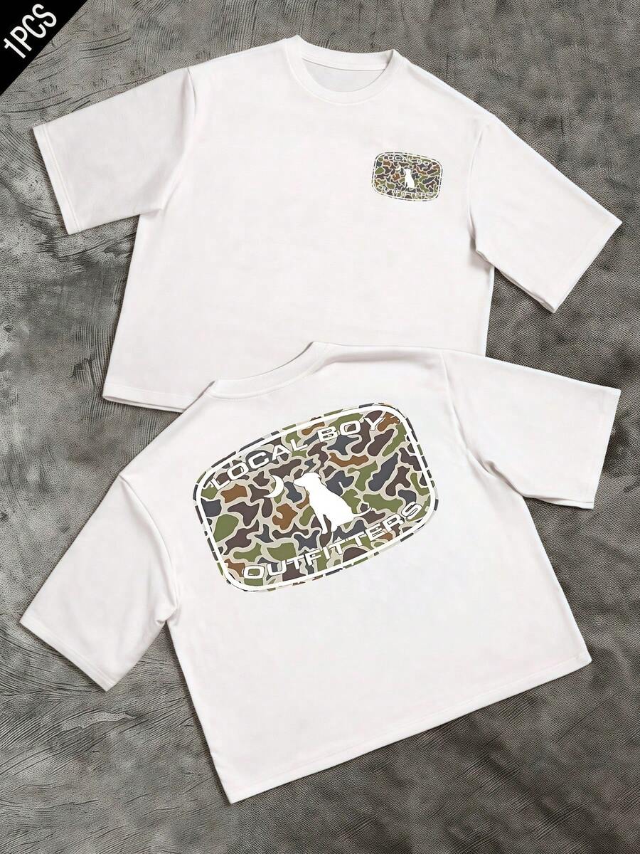 Silhouette Of A Dog On A Green And Brown Camouflage Pattern, Representing Loyalty, Strength, And Connection With Nature, Conveying An Adventurous Spirit And Confidence. Men's Double-Sided Casual T-Shirt, Comfortable And Modern For Everyday Wear. - 白色 - 查看 1