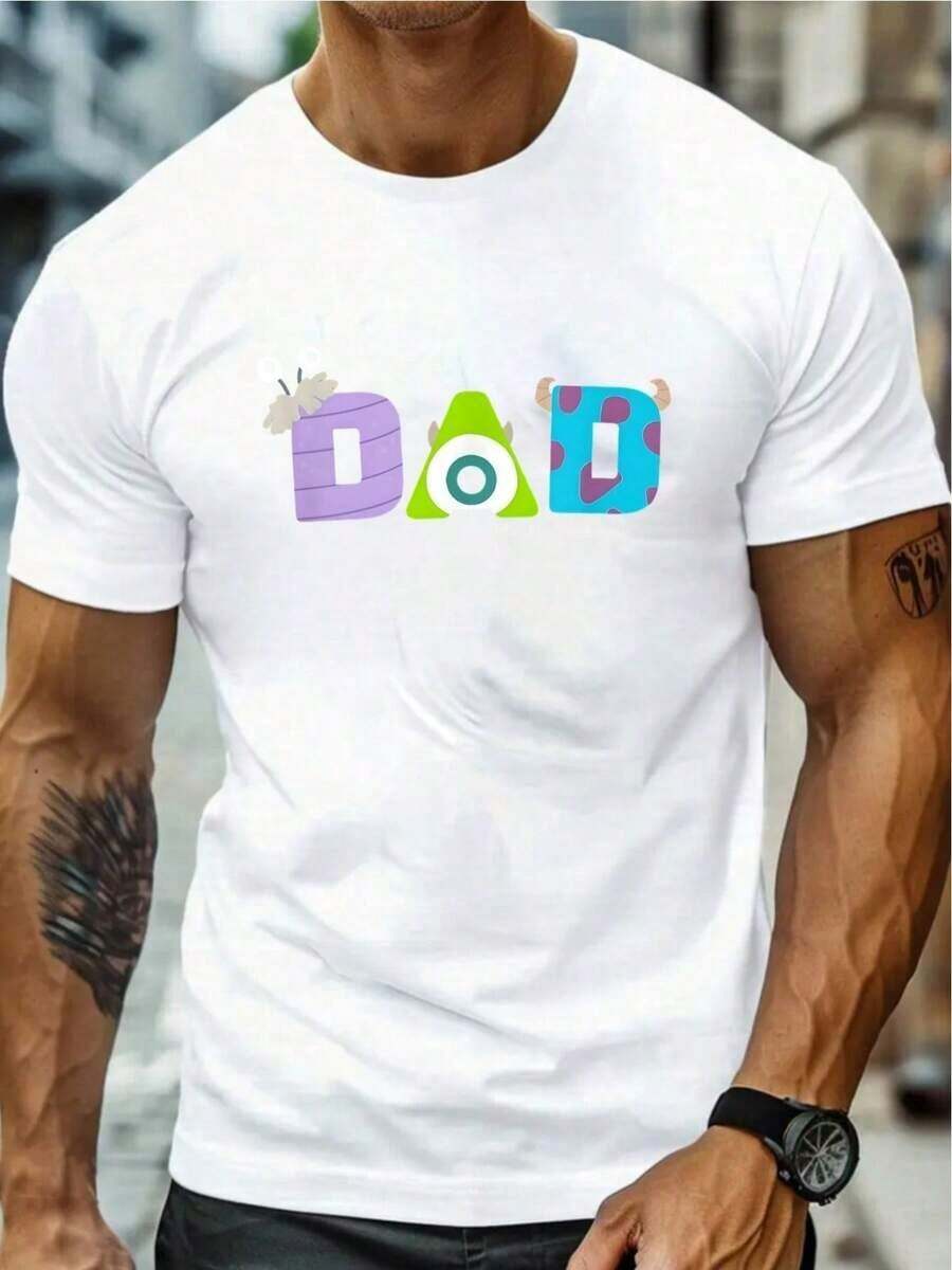 Dad's T-Shirt - Sulley And Mike Wazowski Graphic Tee, Men's Black Crew Neck T-Shirt, Casual Birthday Or Father's Day Gift, Machine Washable, All-Season Comfort, Funny Cartoon Print For Movie Fans, Suit, Casual Wear, Fun Design, Culture Clothing, Breathable Material, Durable Print, Printed Top, Movie Lovers, Adult Men SGYS - 黑色 - 查看 1