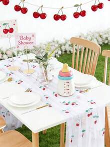 1pc Cherry Pattern Mesh Table Runner, Birthday Party Decoration, Baby Shower Party, Gender Reveal Party, Wedding Party Table Decor - Multicolor - View 4