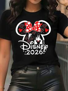 Disney Licensed Women'S Popular Printed T-Shirt Featuring Minnie Mouse'S Bow And A Fireworks Castle Design, Perfect For Casual Wear In Spring, Summer, And Autumn. This Stylish And Comfortable Round-Neck Tee Is Made From Stretchy Fabric And Embodies - màu đen - Xem 6
