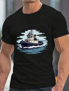 Men's Casual Crew Neck T-Shirt With Tugboat Illustration On Blue Waves, Lightweight Polyester, Short Sleeve, Summer Clothing, Maritime Graphic T-Shirt | Casual Style | Lightweight Shirt, Nautical Decoration, PLUS SIZE - 黑色 - 查看 1