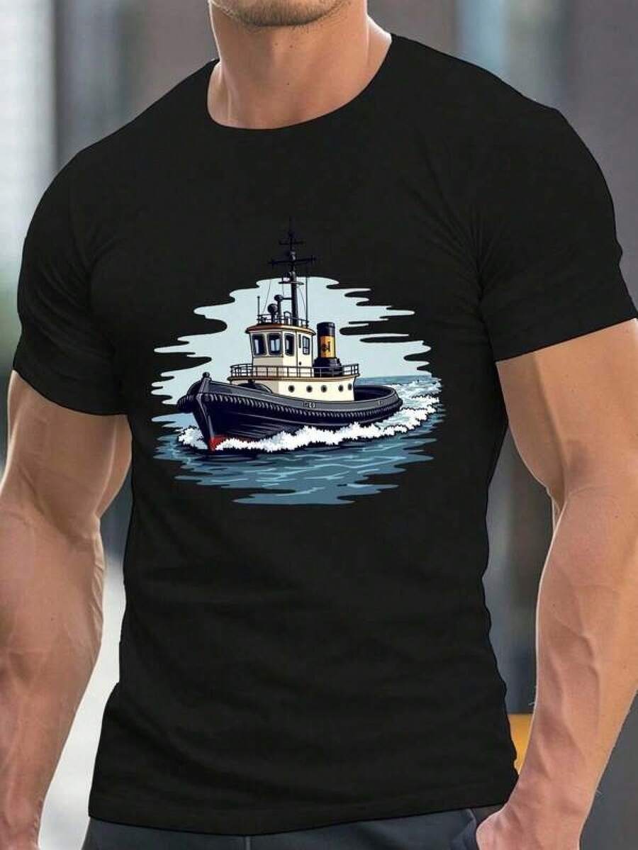 Men's Casual Crew Neck T-Shirt With Tugboat Illustration On Blue Waves, Lightweight Polyester, Short Sleeve, Summer Clothing, Maritime Graphic T-Shirt | Casual Style | Lightweight Shirt, Nautical Decoration, PLUS SIZE - 黑色 - 查看 1