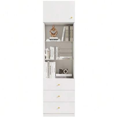 Showcase, Hochschrank, Aufbewahrungsschrank, Bücherregal, Mit Offenem Stauraum, Mit Schubladen, Höhenverstellbare Glassböden, White, 50*40*180 Cm