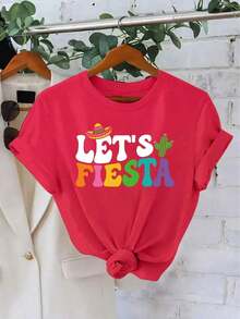 Lightweight Graphic Tees: Women's Short-Sleeve Crew Neck Tee, 1 Piece, For The Cinco De Mayo Festival In Mexico. Printed With The "LET'S FIESTA" Design, This Comfortable And Stylish Tee Is Suitable For Casual Everyday Wear. 100% Cotton, A Popular Choice. Suitable For Spring, Summer, And Fall. - 紅色 - 查看 1