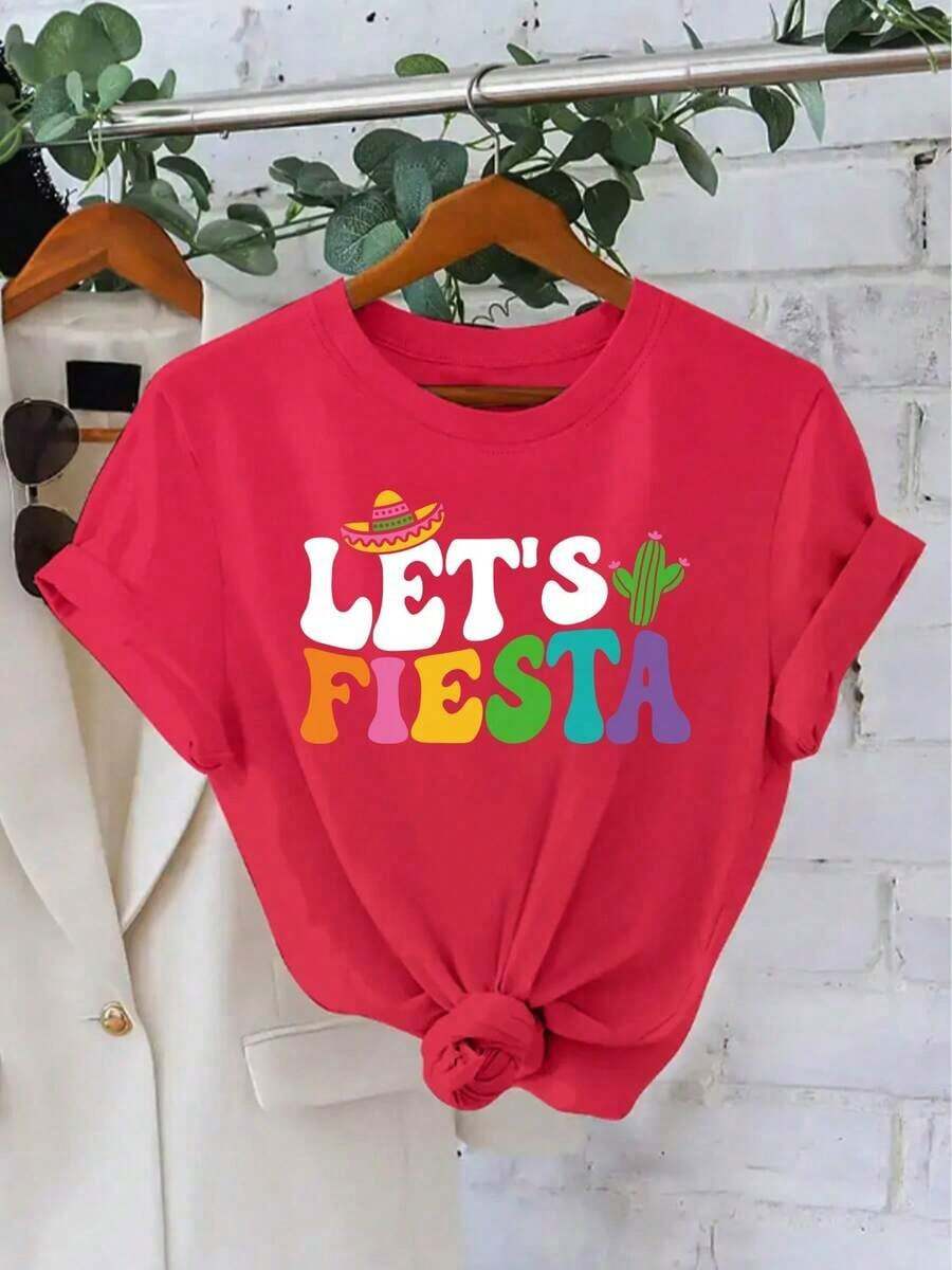 Lightweight Graphic Tees: Women's Short-Sleeve Crew Neck Tee, 1 Piece, For The Cinco De Mayo Festival In Mexico. Printed With The "LET'S FIESTA" Design, This Comfortable And Stylish Tee Is Suitable For Casual Everyday Wear. 100% Cotton, A Popular Choice. Suitable For Spring, Summer, And Fall. - 紅色 - 查看 1