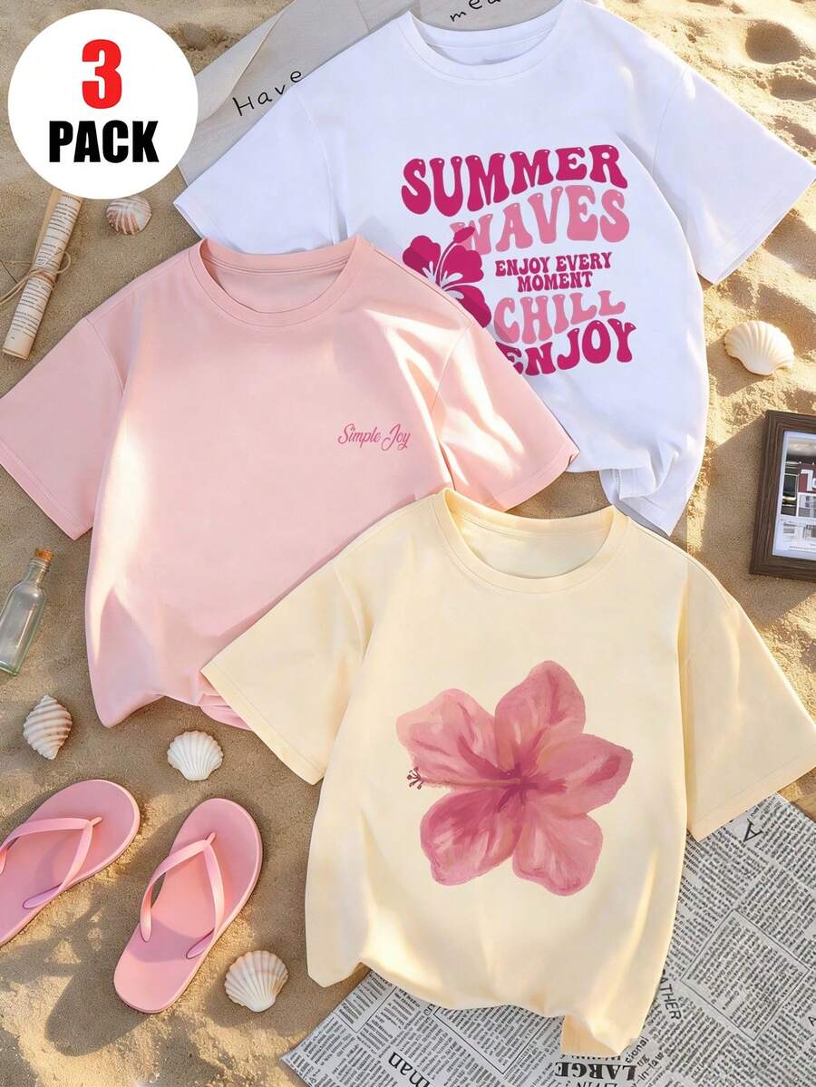 3件套女童青少年夏季短袖T恤套装,新款上市,简约字母/芙蓉花/波浪印花组合,粉色、米色、灰色三色百搭,宽松圆领,柔软透气面料 - 白色 - 查看 1