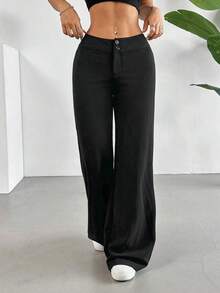 Pantalones de cintura alta sólidos con pierna recta y acampanada - Albaricoque - Ver 11